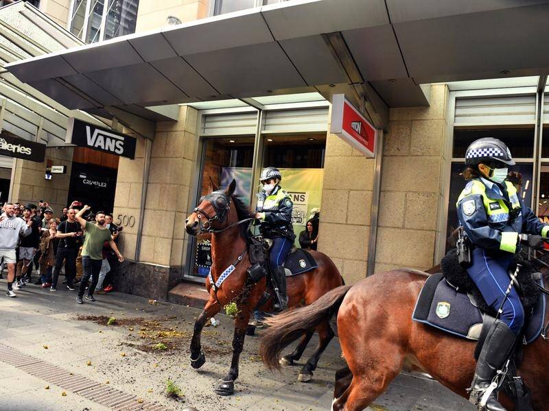 A Sydney protester has been charged with assaulting police and pushing a police horse in the face.