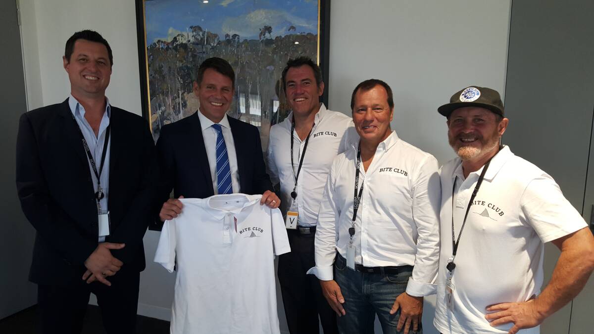 Spreading the word: Murray Taylor and NSW Premier Mike Baird meet with Bite Club's Dale Carr, Dave Pearson and Kevin Young on January 20.