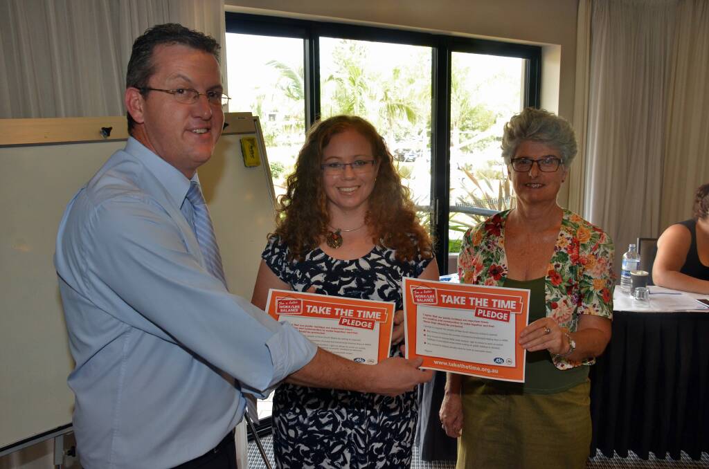 Protecting workers' rights: Country Labor candidate Kristy Quill and Greens candidate Drusi Megget pledge their support for weekend workers to Shop, Distributive and Allied Employees' Association secretary Bernie Smith.