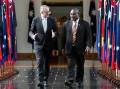 Anthony Albanese and PNG Prime Minister James Marape are on the final leg of their walk. (Lukas Coch/AAP PHOTOS)
