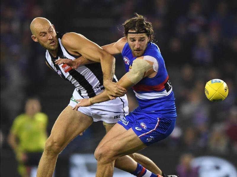 On his return to the side, Collingwood's Ben Reid (l) kicked three goals against the Bulldogs.