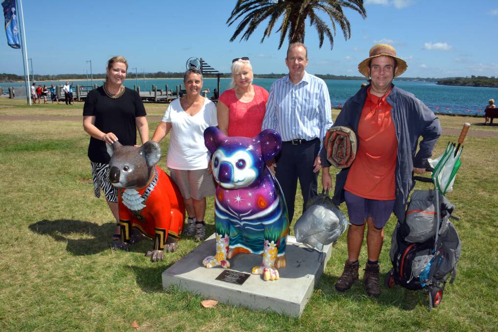 Happy to back: Mayor of the Koala Republic sculpture artist Pauline Roods, French tourist Dominique Queune, Hello Koala Public Sculpture Trail project manager Linda Hall, Rydges general manager David Capper and world trekker Nicolas Queune at the reinstatement of Starry Soul on Town Green.