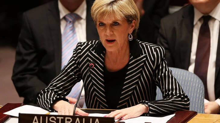 Foreign Minister Julie Bishop, pictured speaking at a meeting of the United Nations Security Council, has warned Russia that Australia is poised to increase sanctions. Photo: Spencer Platt/Getty Images/AFP