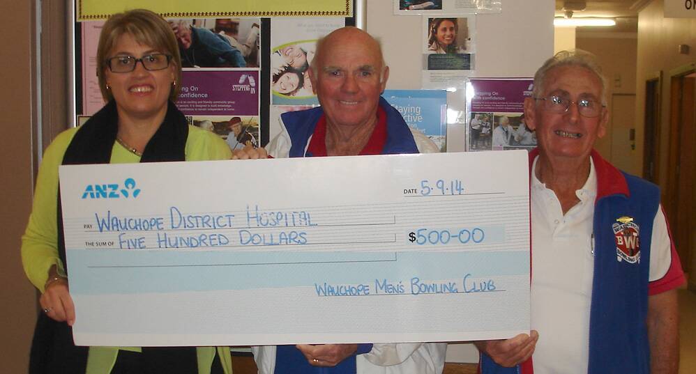 Inventive fund raising: Wauchope District Memorial Hospital Acting Executive Officer/Director of Nursing Sharon Gouck thanks Wauchope Men's Bowling Club President Lester Thurgate and Treasurer Brian Thomas for their club's generous donation