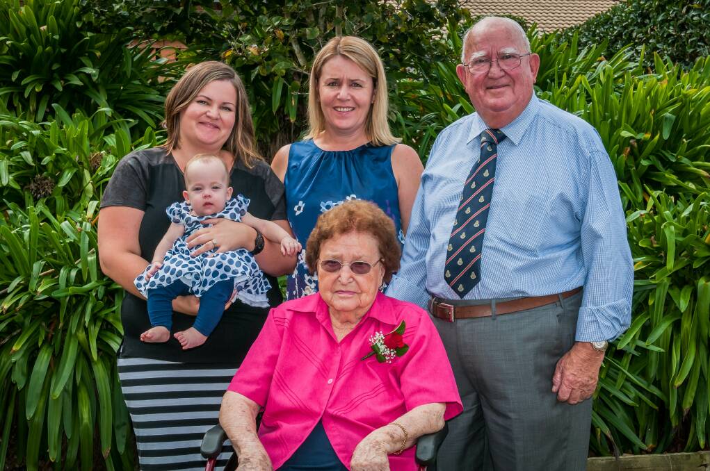 Home-maker: Jean Graham celebrates her 100th birthday with four generations of her family - her son Carl, her granddaugher Susan, great granddaughter Samantha and five-month-old great-great granddaughter Chloe. Photo by Hydro Photographics.