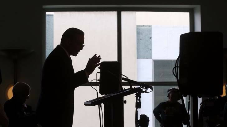 Prime Minister Tony Abbott launches Paul Kelly's book "Triumph and Demise" at Parliament House. Photo: Andrew Meares