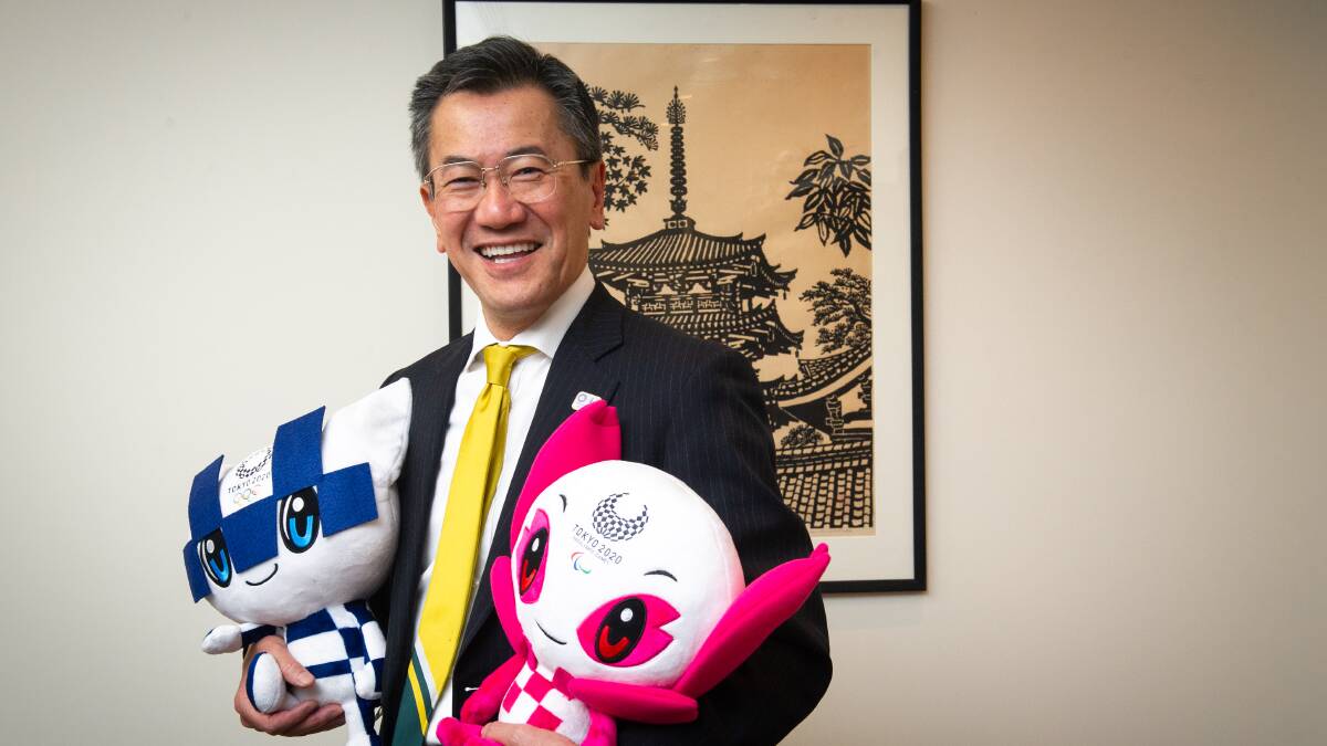 Japan's ambassador to Australia, Shingo Yamagami, with some Tokyo Olympics mascots. Picture: Elesa Kurtz