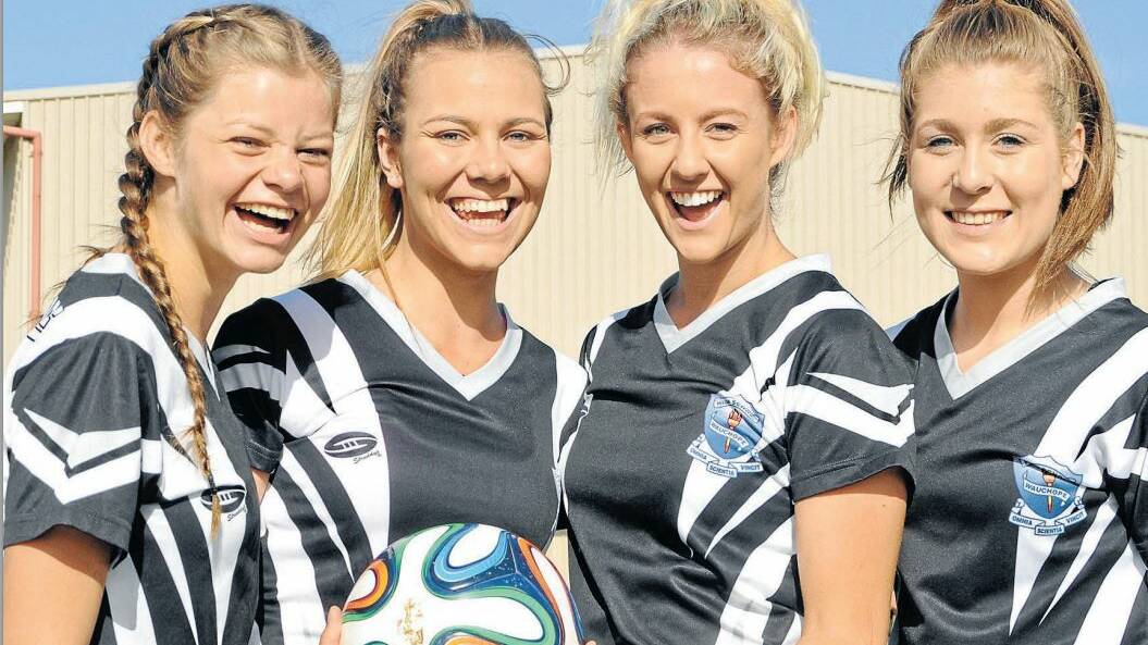 Great stuff: Four of the winning open girls soccer team all fired up and ready to go  before their match in Wauchope on Friday. From left: Larissa Ward, Vaida Shaw (captain), Kristy Roods and Abbie Watson. 