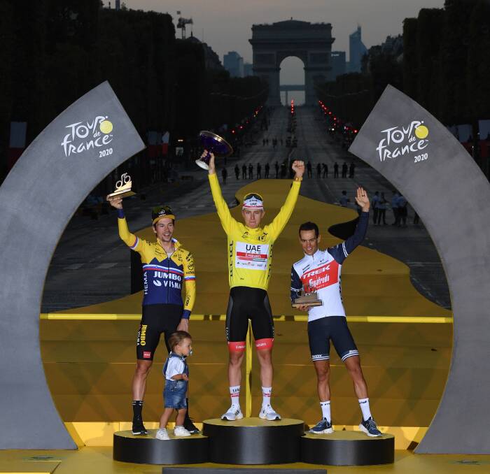 PODIUM PRIDE: Richie Porte (right) on the Tour de France podium in Paris with second-placed Primoz Roglic and winner Tadej Pogacar. Picture: Getty Images