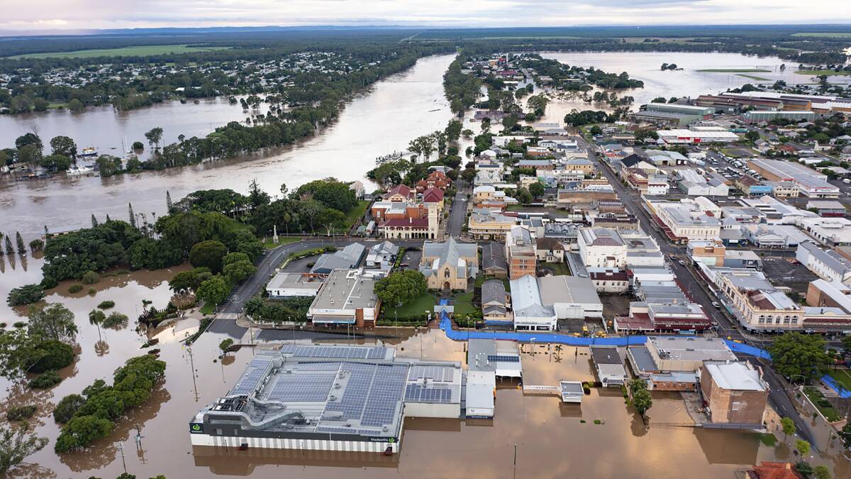 Water floods streets and houses in Maryborough, Australia, on February 28. Picture: Fraser Coast Regional Council