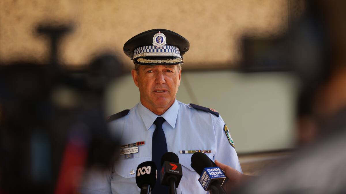 NSW Police Northern Region Commander Assistant Commissioner Max Mitchell speaks to reporters outside Newcastle Police Station on Thursday after a man was fatally shot by police in Taree on Wednesday night. Picture: Jonathan Carroll