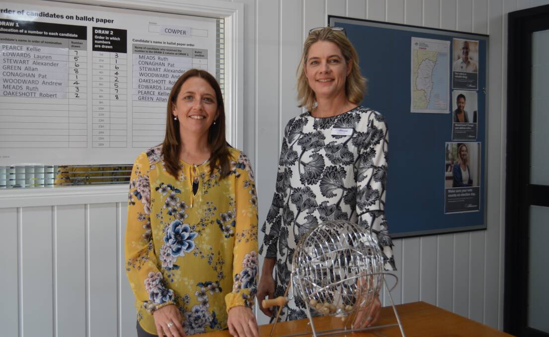 Ballot order drawn: Australian Electoral Commission employee Sam Kyle and the Divisional Returning Officer for Cowper Barbara Tait. Photo: Callum McGregor
