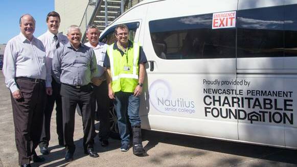 Pictured from left: Dennis Owen (Training Manager – SkillsLink Training), Adam Powers, Bob Higham (Home Lending Manager, Newcastle Permanent), Darryn Yule, (Career Consultant, OCTEC) and Shaun Evans (Nautilus Senior College Bus Driver).