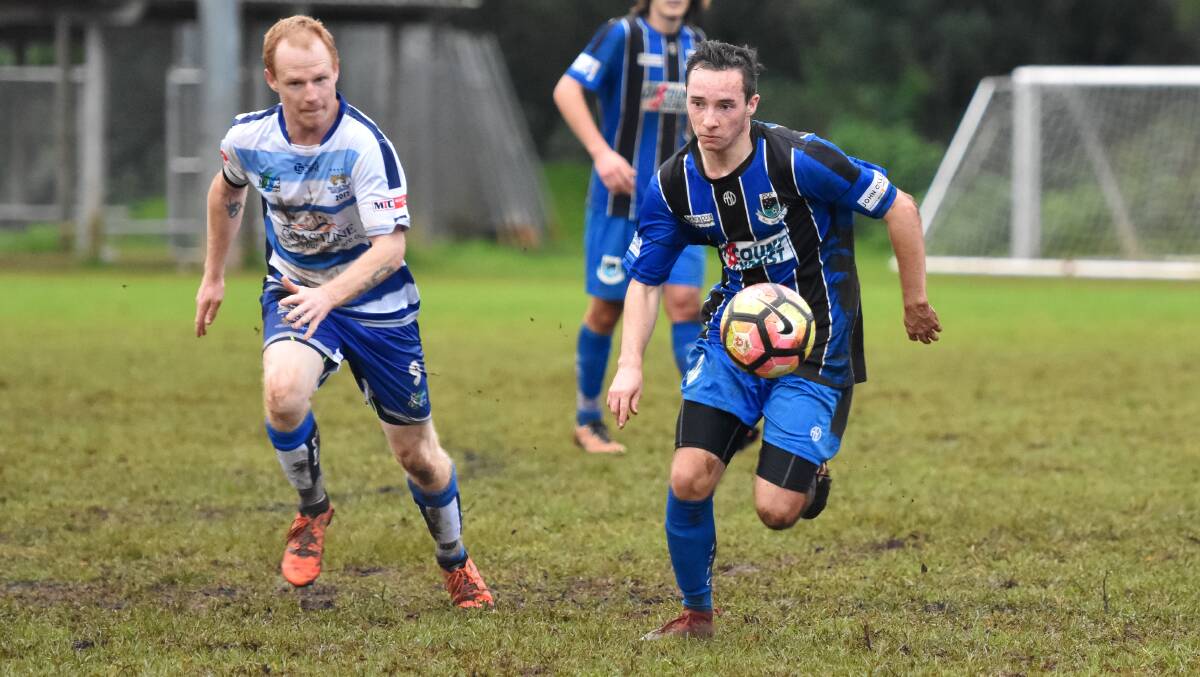 Break away: James Garrett on the run in his sides 2-all draw with top of the table Macleay Valley Rangers. Photos: Ivan Sajko