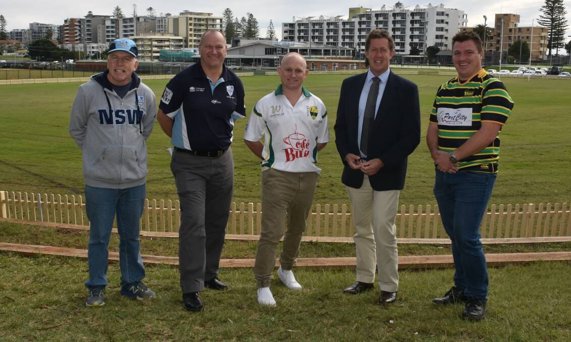 Potential upgrade: Merv Bourke, Cricket NSW development manager Mid-North Coast Martin Garoni, Hastings River District Cricket Association president Shane Williams, Federal Member for Cowper Luke Hartsuyker and Hastings Valley Vikings representative Teale Bryan at Oxley Oval.