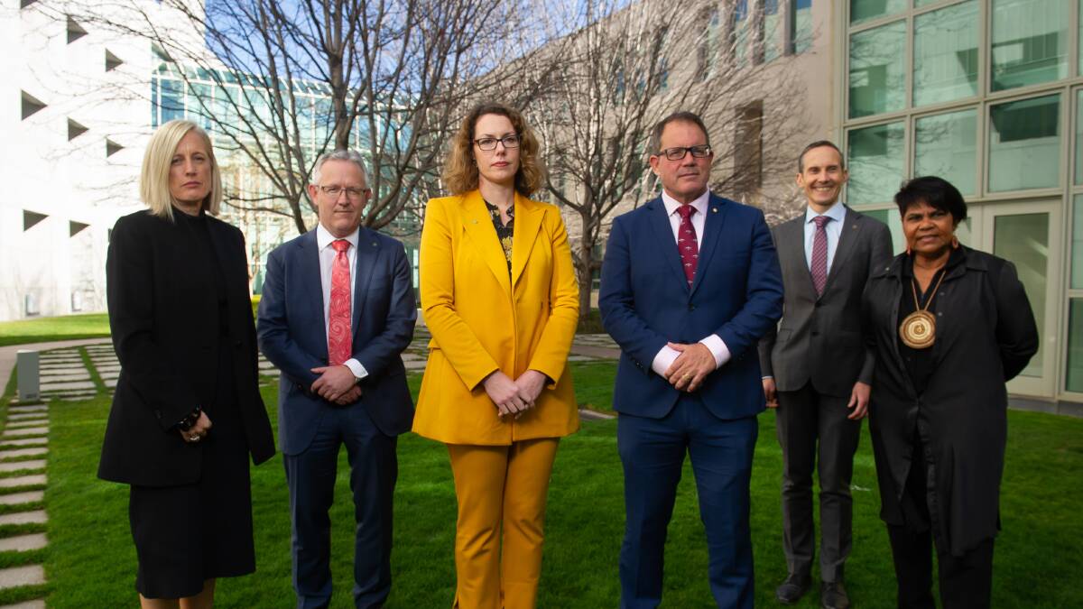 ACT Labor senator Katy Gallagher with her colleagues David Smith, Alicia Payne, Luke Gosling, Andrew Leigh and Marion Scrymgour. Picture: Elesa Kurtz