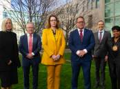 ACT Labor senator Katy Gallagher with her colleagues David Smith, Alicia Payne, Luke Gosling, Andrew Leigh and Marion Scrymgour. Picture: Elesa Kurtz