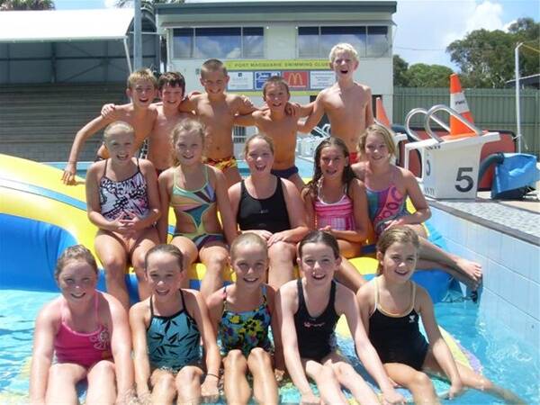 Juniors in the swim: Port Macquarie Swimming Club team members, back from left, Jack Daly, Ben Adams, Mitchell Everingham, Sam Harris, Jacob Foy; middle from left, Jade Milroy, Lily Howard, Jamie Wentzell, Mekayla Everingham, Ebanie Martin and, front from left, Amy Mutton, Ashlyn Dures, Bianca Jamison, Megan Cooper and Lily Smith. Absent: Zara Phillips
