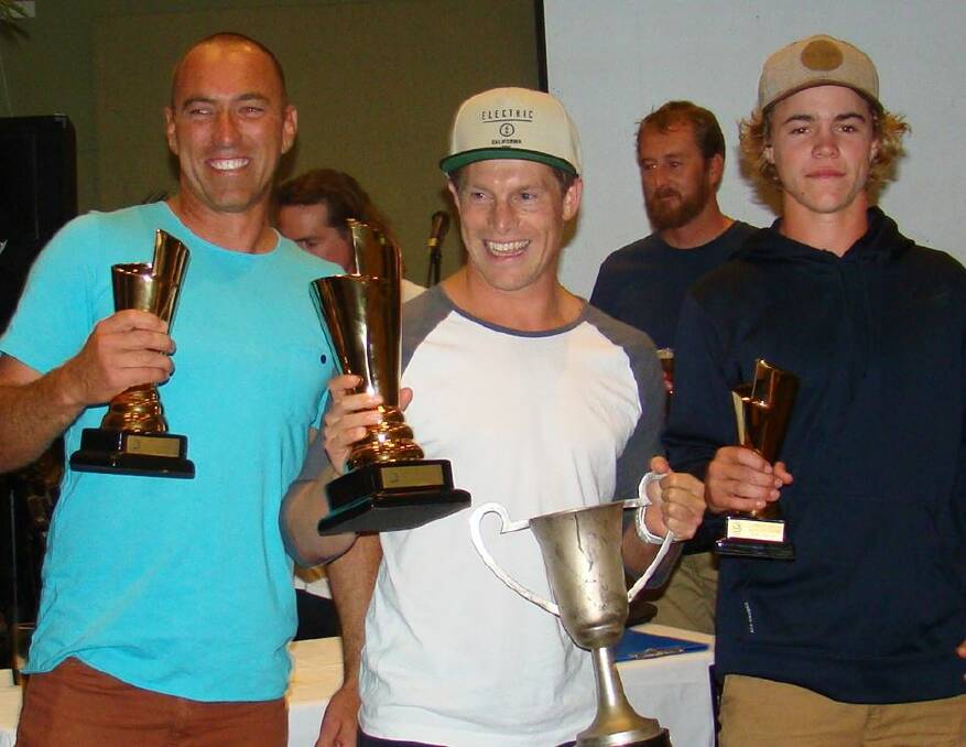 Winners are grinners: Open's champions at the Port Macquarie Surfboard Riders final presentation. From left: Scott Lawrence in second, Mitchell Van Der Veer in first and Jack Germain in third.