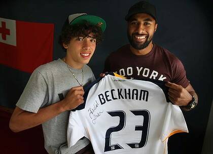 Different path … LA Galaxy signing Leroy Jennings with his NRL playing cousin Michael Jennings.