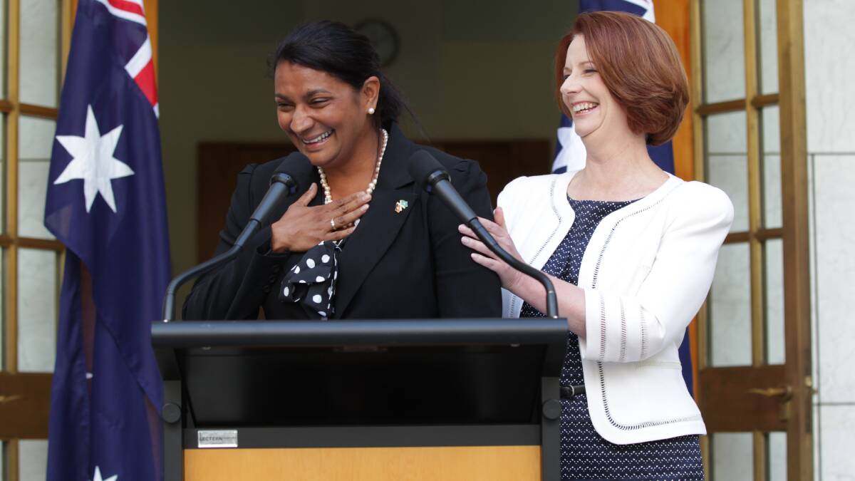 Prime Minister Julia Gillard and Nova Peris speak to the media during a press conference at Parliament House in Canberra on Tuesday 22 January. Photo: ALEX ELLINGHAUSEN