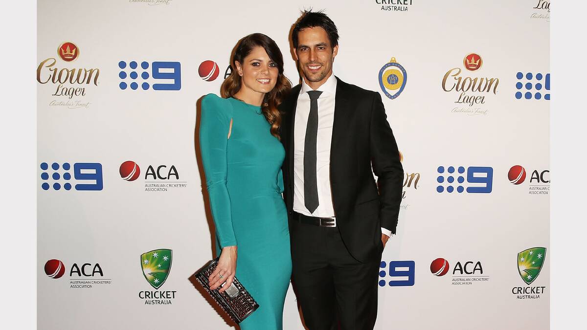  Mitchell Johnson and Jessica Bratich-Johnson arrive at the 2014 Allan Border Medal on Monday night. Picture: GETTY IMAGES