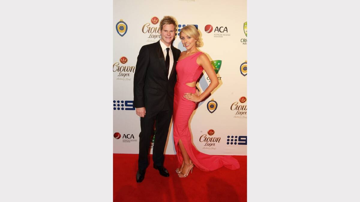 Steve Smith and Danielle Willis arrive at the 2014 Allan Border Medal on Monday night. Picture: Ben Rushton 