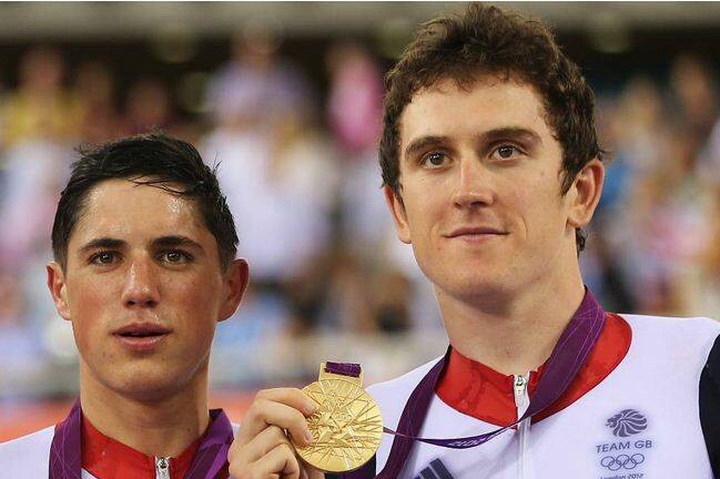 LOOKING BACK: Geraint Thomas (right) with teammate Peter Kennaugh celebrate with their gold medals during the medal ceremony for the Men's Team Pursuit Track Cycling final on Day 7 of the London 2012 Olympic Games. Photo: Bryn Lennon/Getty