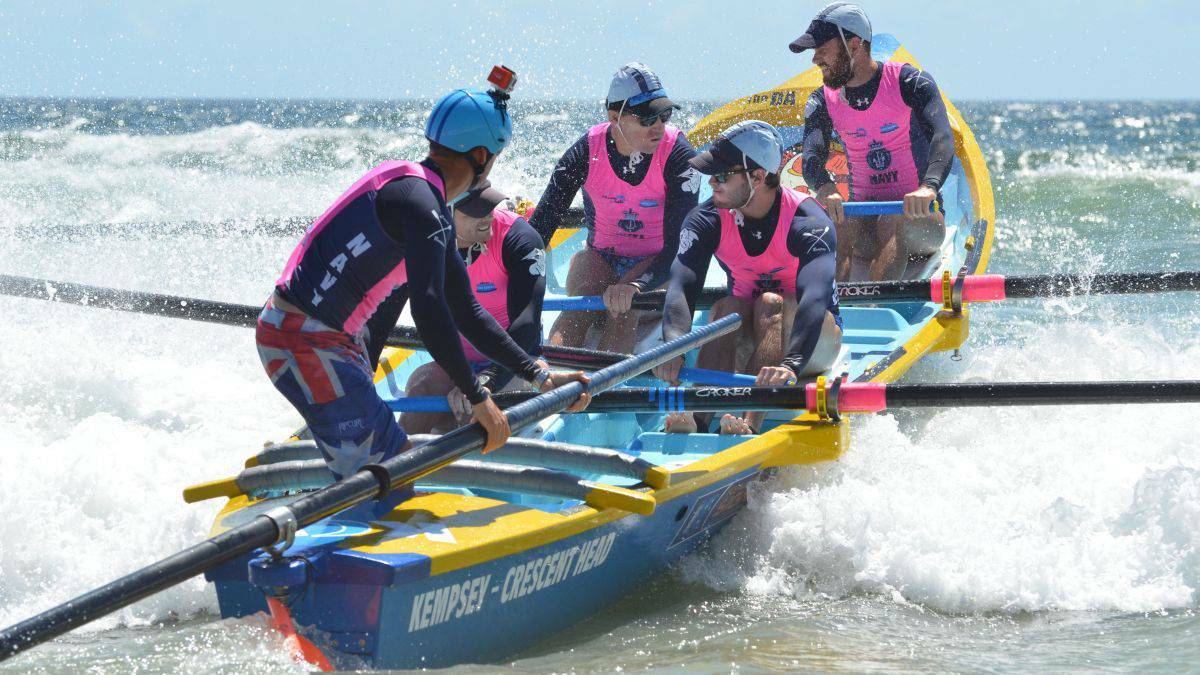 Crescent Head Men's Opens crew: Mick Conomos (sweep) with Austin Northey, Scott Edwards, Carl Thurgood and Mitch Johnston  Pic: Macleay Argus