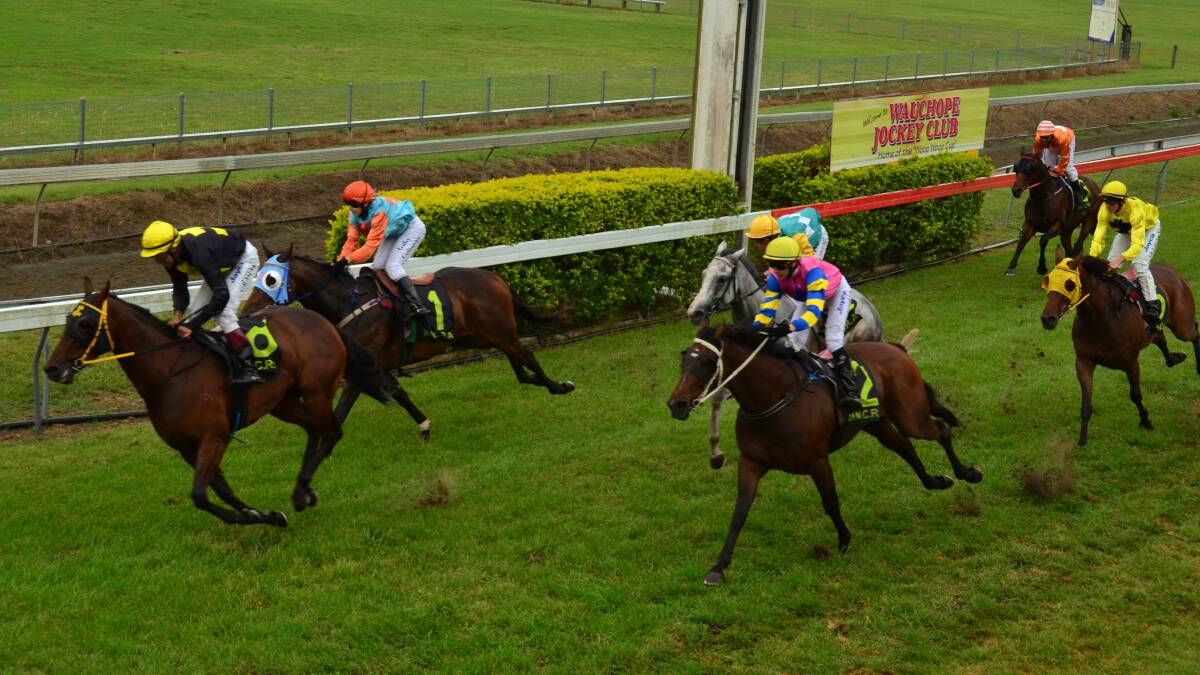 Jockey Peter Graham winning the Woop Woop Cup on Steel Allure with second-placed Wannabe with jockey Kassie Furness and Gabrielle Coleman on Belaction in third.