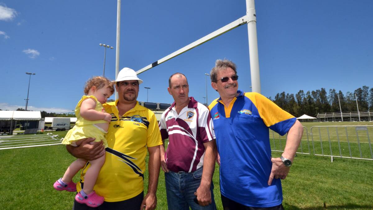 Bright future: Port Macquarie Hi-Tec Sharks president, Josh Button with Jahtara Donohue-Farrell, Hastings League president Geoff Connor and Boardies president Malcolm Andrews look forward to a bumper competition next season. Pic: PETER GLEESON