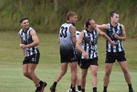 Port Macquarie Magpies celebrate after a successful goal in their round-two clash against Sawtell/Toormina. Picture by Mardi Borg