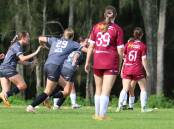 Mid Coast under 17s celebrate a goal during a match in the Northern NSW Youth League at Taree this year. They meet Maitland in the youth league cup final at Maitland on Sunday. Picture Mid Coast Football.